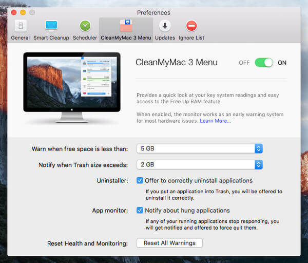 Menu do CleanMyMac 3