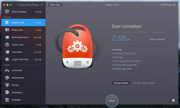 Limpeza de lixo do sistema CleanMyMac 3