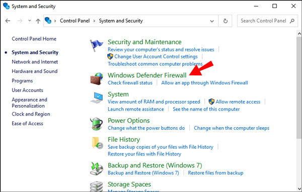 Escolha o Firewall do Windows Defender