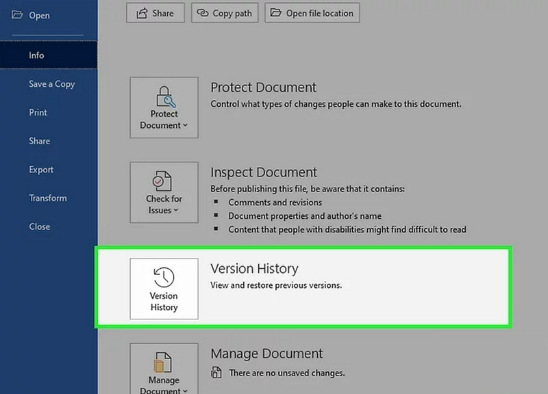 Encontre o histórico de versões no Word
