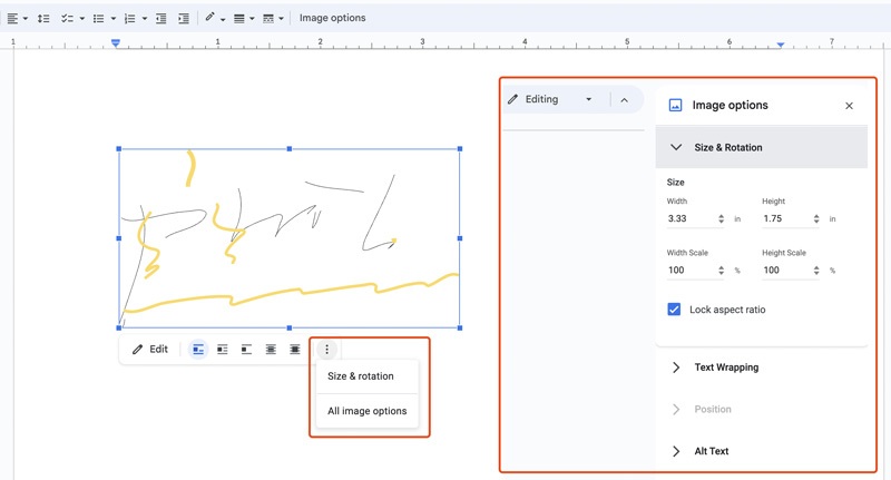 Adicionar uma assinatura no Google Docs Redimensionar Editar