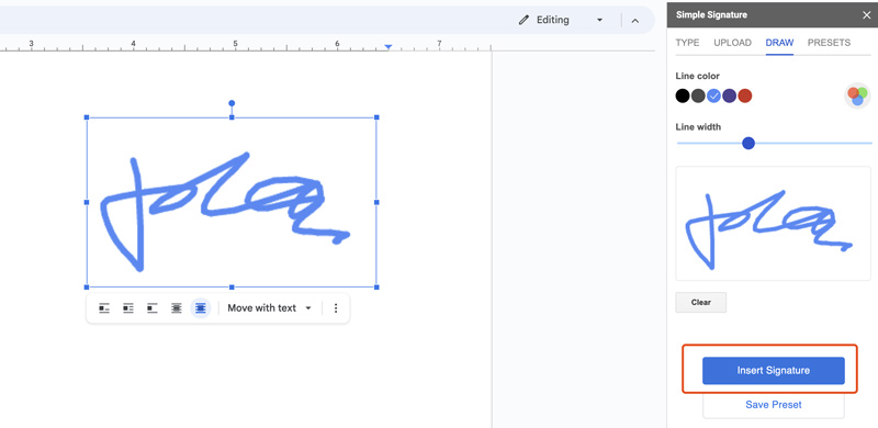 Adicionar uma assinatura no Google Docs Assinatura simples