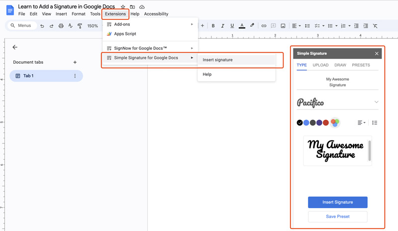 Inserir assinatura no Google Docs com assinatura simples