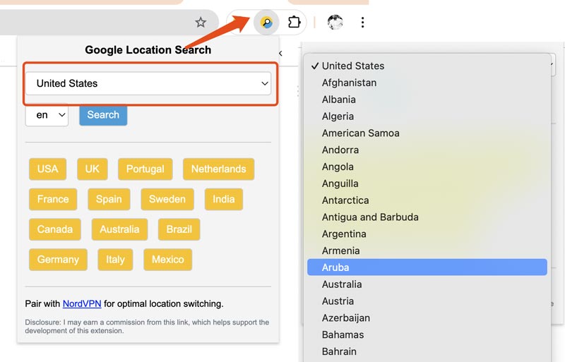 Alterar extensão do Chrome Country Google Search Location Changer