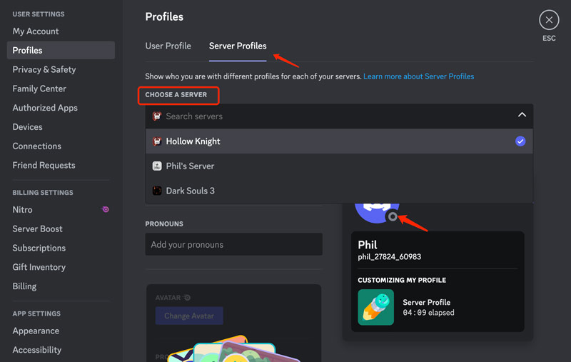 Alterar perfis do servidor Discord