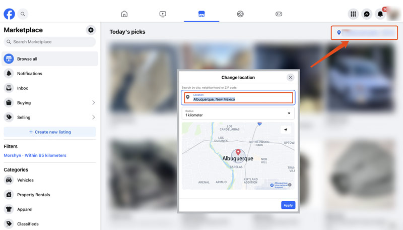 Alterar localização no site do Facebook Marketplace