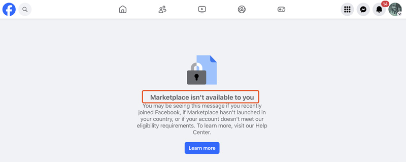 O Facebook Marketplace não está disponível