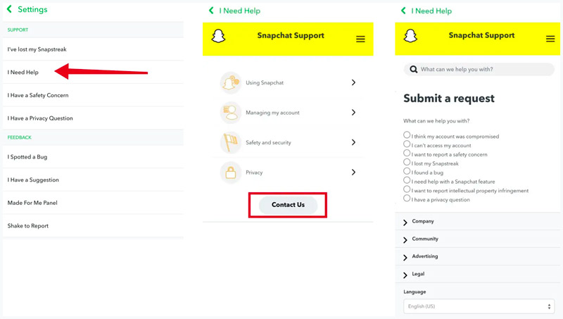 Entre em contato com o suporte do Snapchat dentro do aplicativo