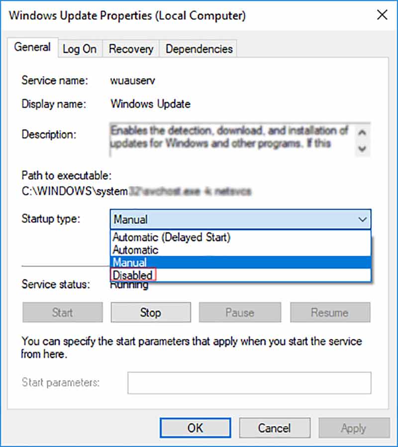 Desabilitar o tipo de inicialização do Windows Update Services