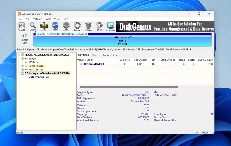 Execute a recuperação de partição no Diskgenius