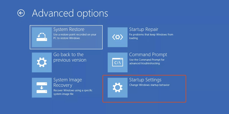 Configurações de inicialização de opções avançadas do Windows