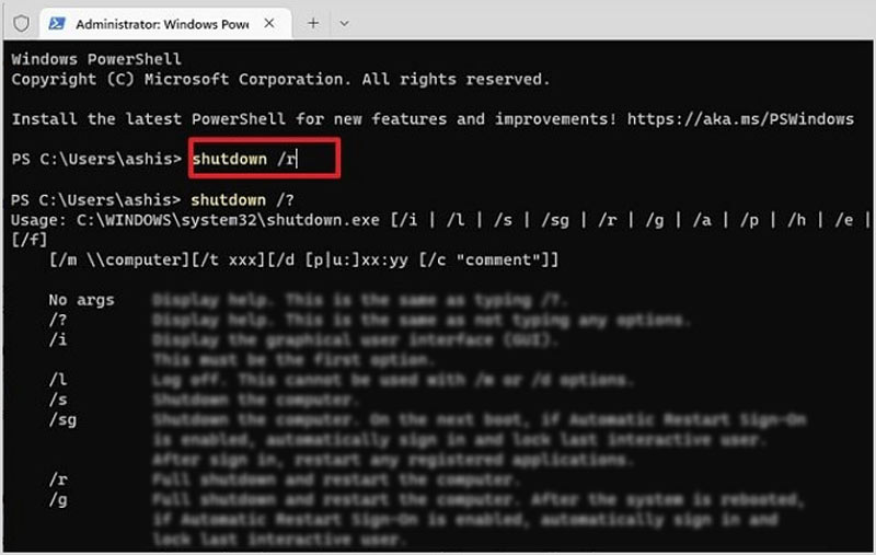 Reinicie o Windows 11 Laptop Powershell