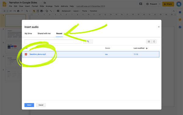 Selecione o arquivo de áudio para Google Slides