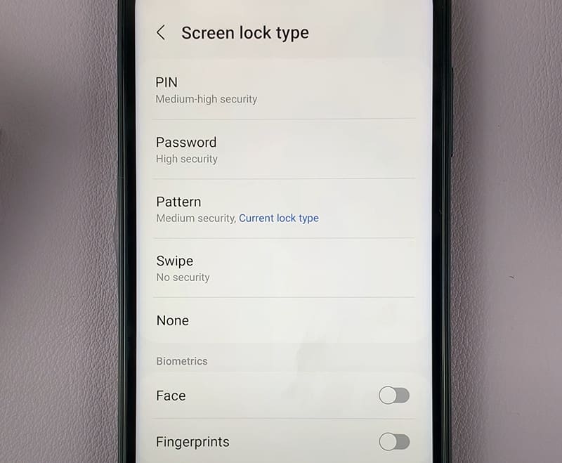 Choose New Screen Lock Type or None