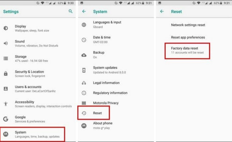 Configurações Redefinir padrão de fábrica Bloqueio do telefone Motorola