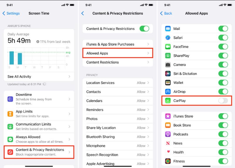 Configurações Conteúdo Privacidade CarPlay iPhone