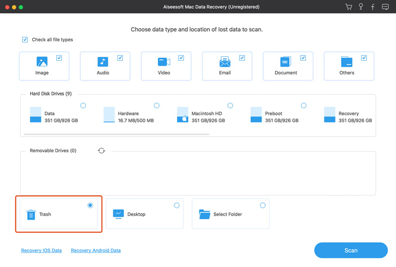 Recuperação de dados do Mac Escolha Lixeira