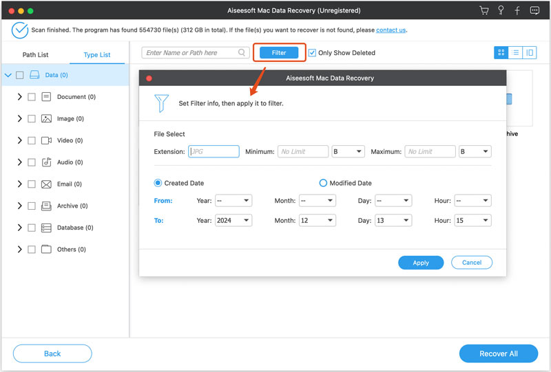 Recuperação de dados do Mac Usar filtro