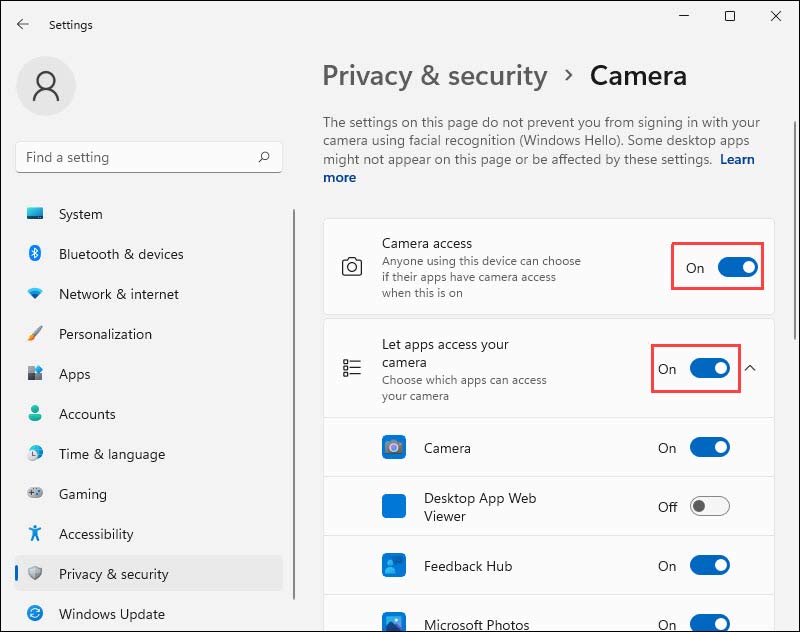 Configurações de privacidade da câmera do Windows 11