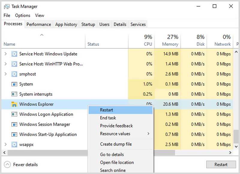 Reinicie o Windows Explorer Windows 10