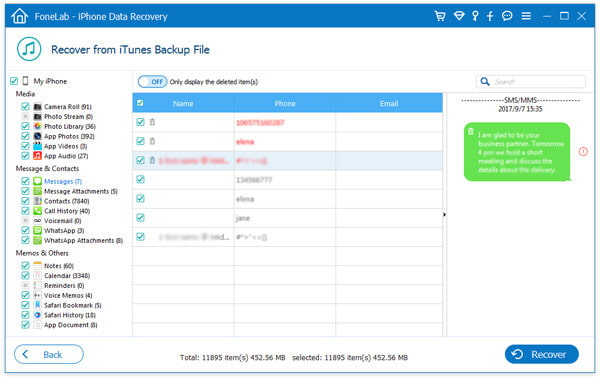 Exibir mensagens de texto excluídas no backup