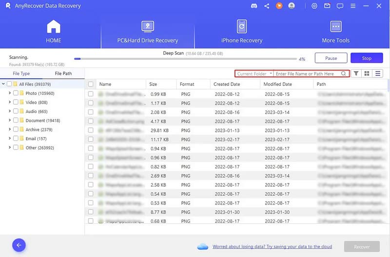 Resultados da verificação de recuperação de dados Anyrecover