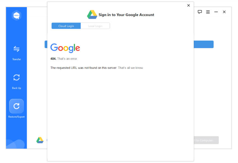 Falha no login do ChatMover no Google Drive