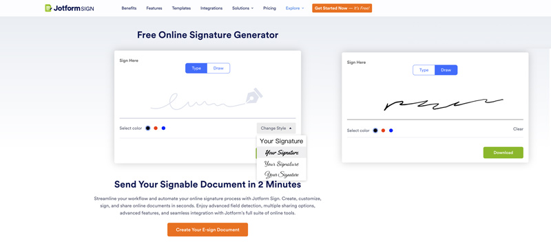 Jotform Sign Gerador de assinaturas online gratuito