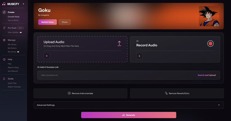 Musicfy AI Goku Voice Generator