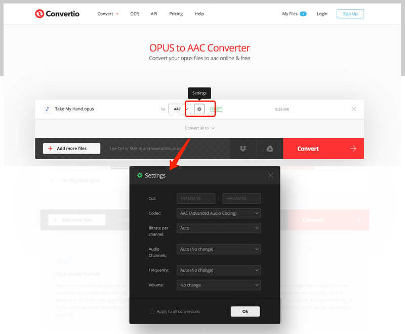 Converter OPUS em AAC Online Convertio