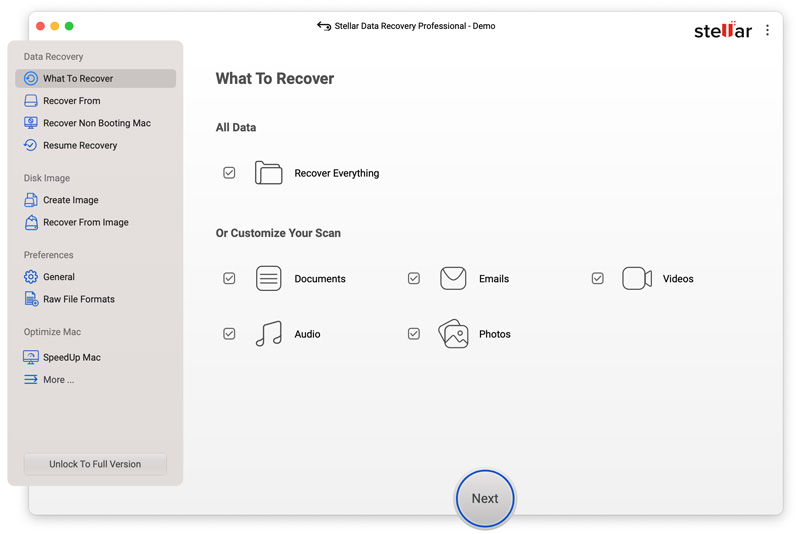 Stellar Data Recovery para Mac Selecione os tipos de dados