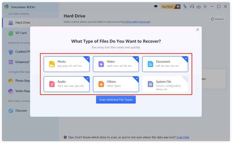 Tenorshare 4ddig Selecione Tipos de Dados para Recuperar