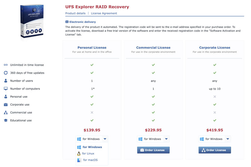 Preços de recuperação de Raid do UFS Explorer