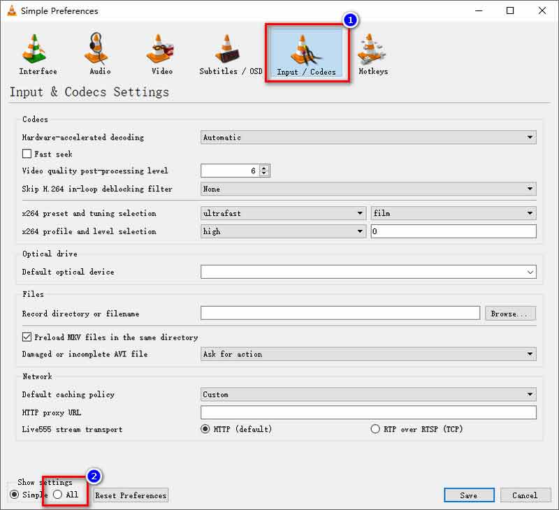 Configuração do codec de entrada VLC