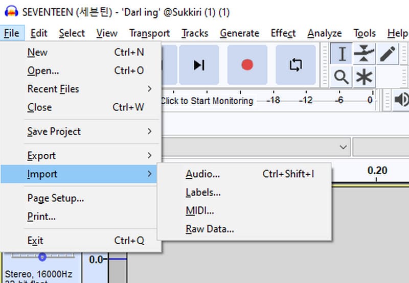 Etiqueta de importação de áudio do Audacity