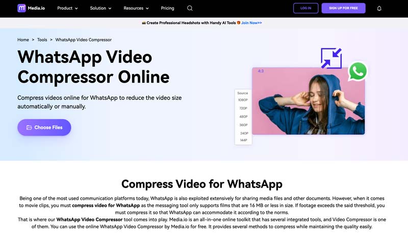 Media.io Compressor de vídeo WhatsApp on-line