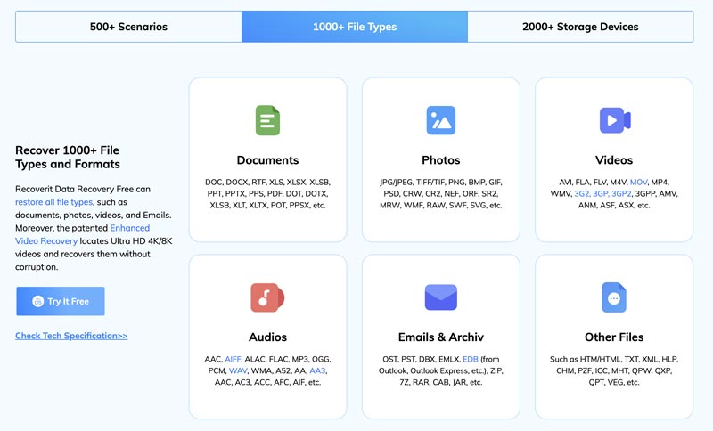 Tipos de arquivo suportados pelo Wondershare Data Recovery