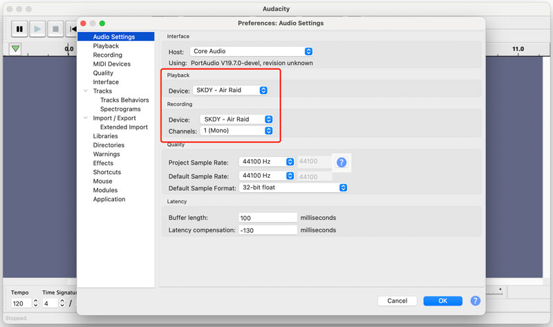 Audacity Audio Settings Device