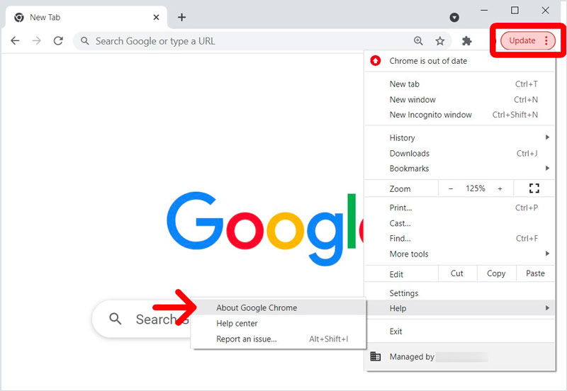 Verifique se há atualizações do navegador Google Chrome