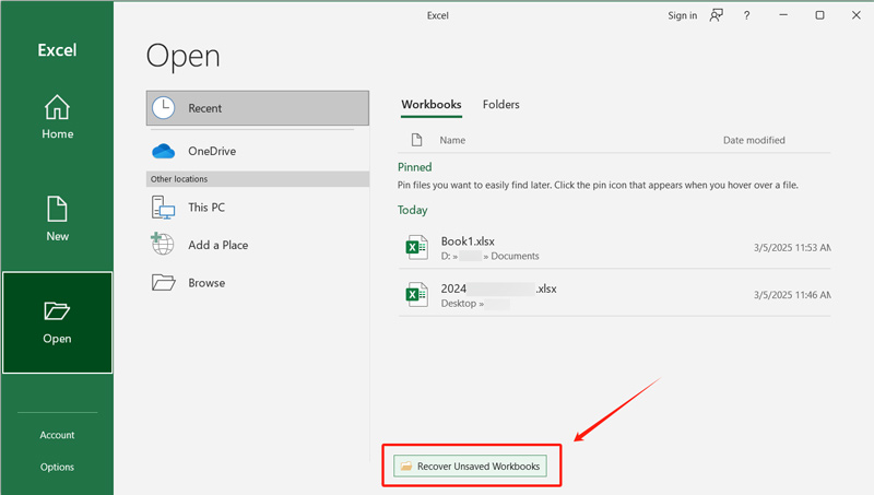 Recuperar pastas de trabalho não salvas do Excel - Recuperação automática