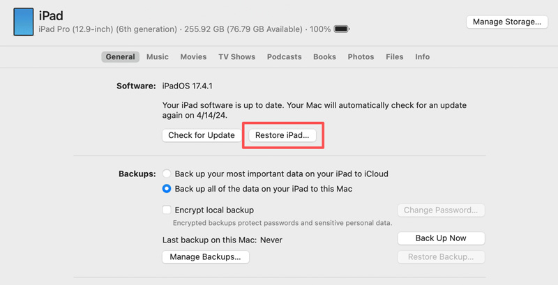 Restaurar iPad no Mac com o Finder