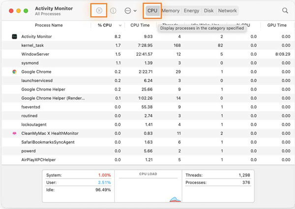 Verifique a CPU do Mac no monitor de atividade