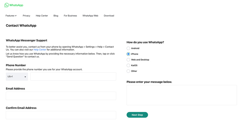 Contact Whatsapp Messenger Support on Web