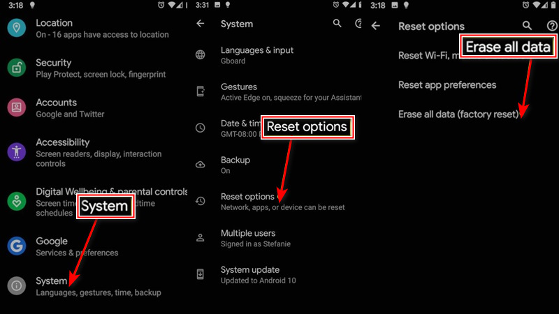 Redefinir nas configurações