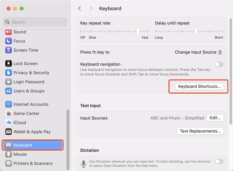 Configurações de atalhos de teclado do Mac