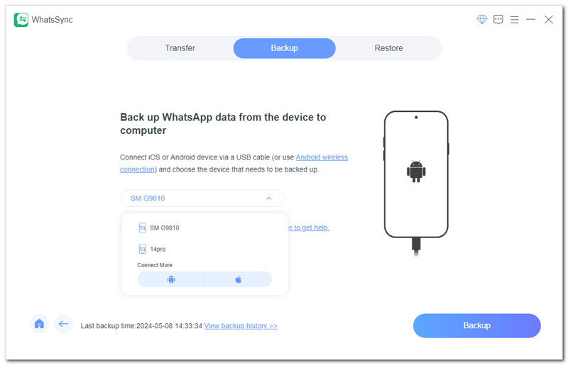 Selecione o dispositivo para fazer backup